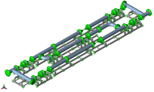 Isometric view of the metering skid layout, showing the piping and the supporting structural steel frames.