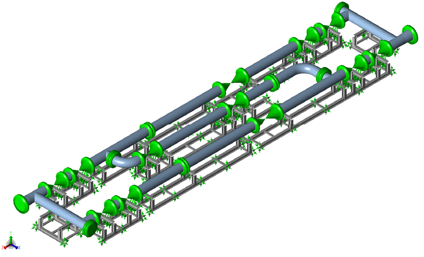 Isometric view of the metering skid layout, showing the piping and the supporting structural steel frames.