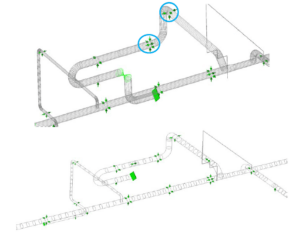 Two views of part of the piping stress model of the let-down line and adjoining header. The additional axial restraints are circled in blue in the upper view.