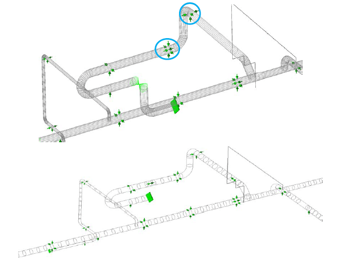Two views of part of the piping stress model of the let-down line and adjoining header. The additional axial restraints are circled in blue in the upper view.