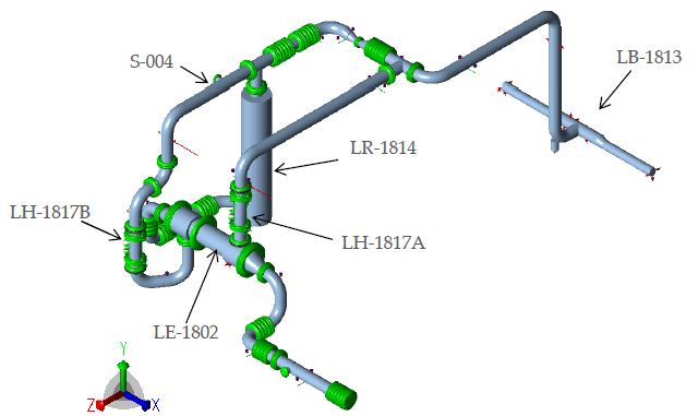 Beam element model of a catalytic oxidiser, a recuperative heater, a segment of a gas heater and the interconnecting 44-inch piping, built in CAESAR II.