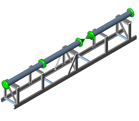 Isometric model of the nitrogen metering skid: flanged pipe supported on goal posts above the steel base frame.