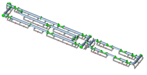 Overview of the analysis model of the skid piping and supporting steelwork.