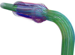 Streamlines through the bend and silencer from the CFD model, coloured by velocity magnitude (scale 0 to 60 m/s). A turbulent region is visible in the lower part of the silencer inlet.