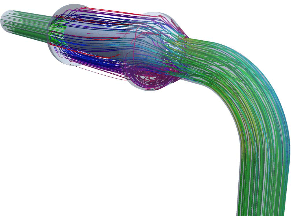 Streamlines through the bend and silencer from the CFD model, coloured by velocity magnitude (scale 0 to 60 m/s). A turbulent region is visible in the lower part of the silencer inlet.
