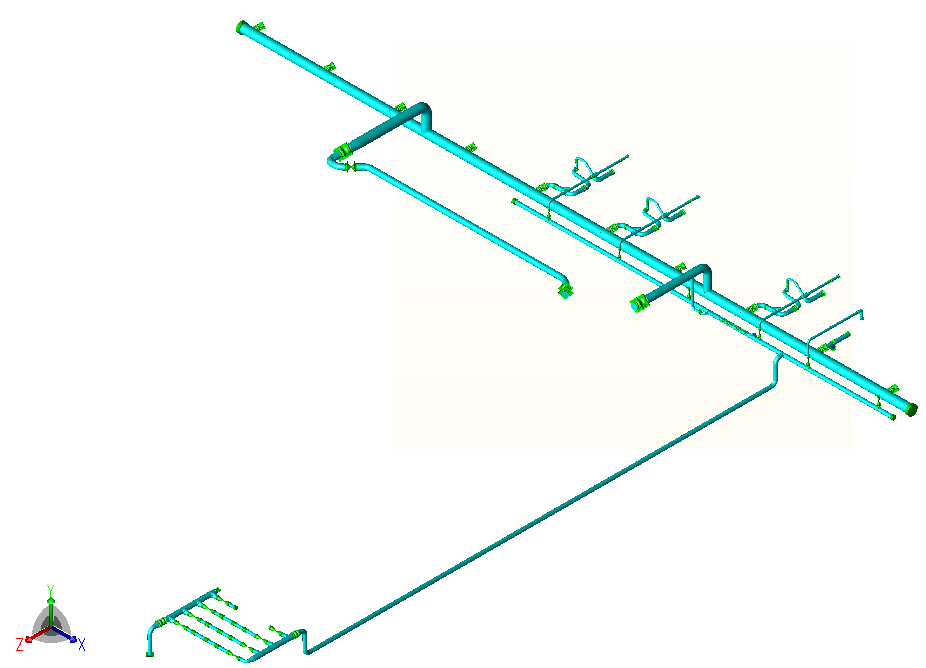Piping model of the pump station, showing the suction header, discharge header, recirculation line, pump branches and the line to the metering skid.