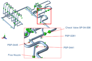 Piping model of the HP discharge line, with an enlarged view of the spring supports, check valve and free nozzle near the compressor connection.