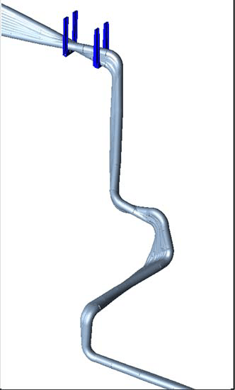 Eigenmode at 7 Hz that contributes most to the stress amplitude at Bend9, shown for a section of the piping with the as-is supporting (Case 1). Arrows mark the direction of motion.