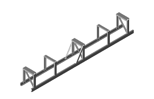 Isometric model of the steel base frame and goal posts of the nitrogen metering skid, with diagonal beams at the mid and two outer goal posts.