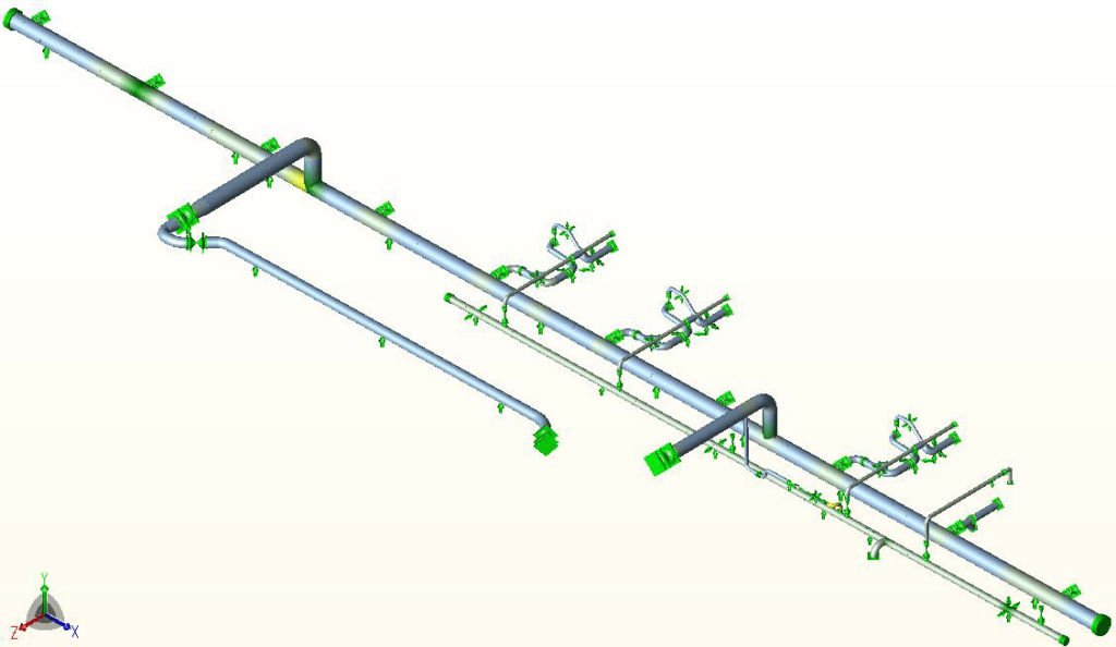 Sustained stress as a fraction of allowable, shown as a colour plot on the piping model with the modified support arrangement.