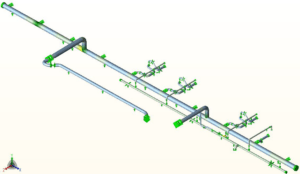Sustained stress as a fraction of allowable, shown as a colour plot on the piping model with the modified support arrangement.