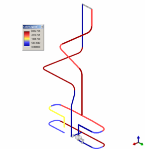 Colour contour plot of maximum unbalanced loads on the WB36 circulation water piping during a pump trip, scale 0 to 3352.7 N.