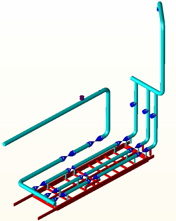 Piping model attached to a steel model representing the skid frame.
