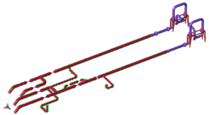 Standalone CAESAR II model of the suction side and discharge side elephant-ears on their steel frames, with connected pipework, used for the low-frequency vibration analysis.