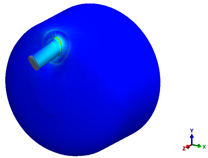Stress amplitude distribution in nozzle N2 and the head of vessel V105A at the highest moment range, with exaggerated displacement.