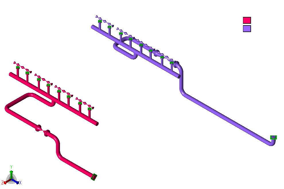 Maximum operating temperature in the cooler system model: 85°C (purple) and 45°C (pink).