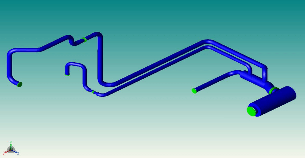 Three-dimensional view of the piping model used in the pulsation and vibration analysis.