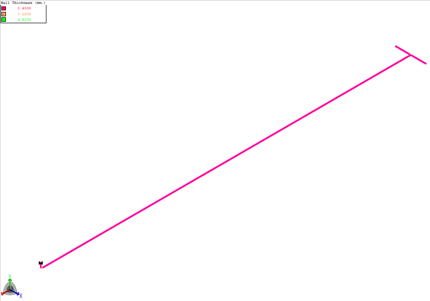 CAESAR II model plot of a GRE pipe run coloured by wall thickness in mm. The pipe shown is the 2.4 mm section.