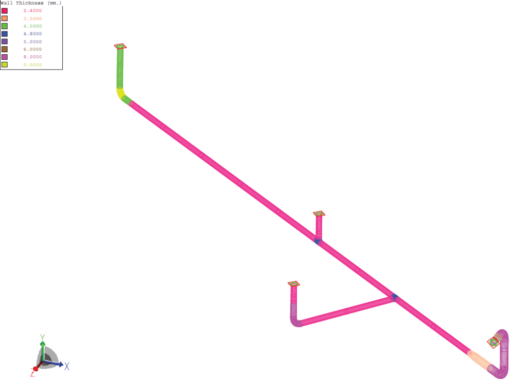 CAESAR II model plot of one buried GRE subsystem showing applied wall thickness by colour.
