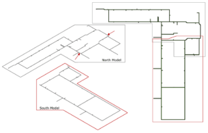Layout of the firewater piping divided into a North model and a South model. Red arrows mark the boundary where displacements are passed from the North model to the South model.