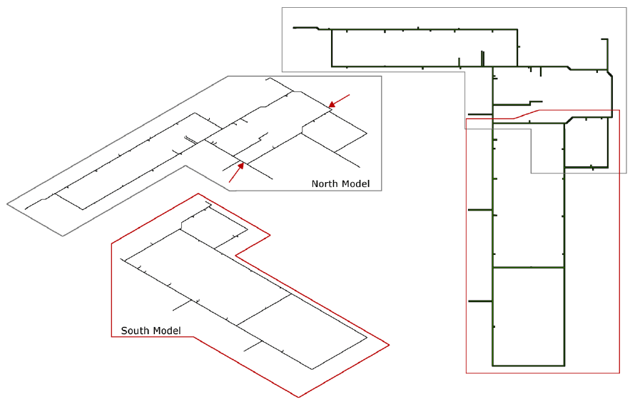 Layout of the firewater piping divided into a North model and a South model. Red arrows mark the boundary where displacements are passed from the North model to the South model.