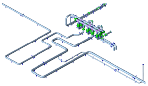 Model view of the re-routed pumping station loops and platform piping, with supports shown as arrows.