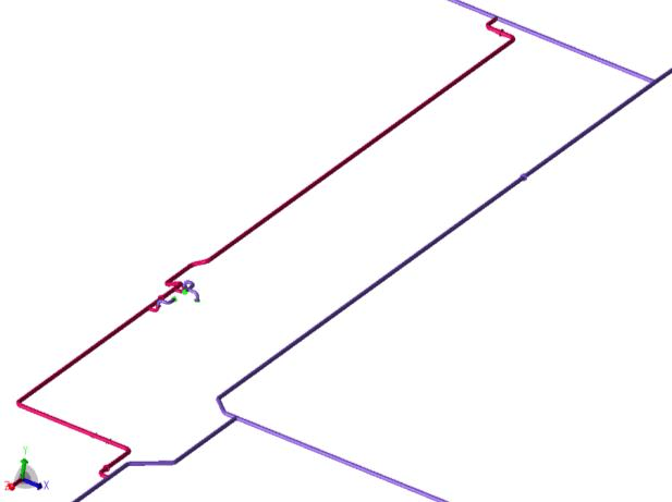Static analysis model of one buried GRE system. New piping is shown in pink and existing piping, included as continuation piping, in purple.
