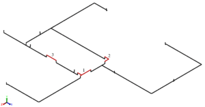Pipe stress model of the buried GRE firewater network. The three numbered above-ground steel sections, in red, are modelled as boundary conditions only and are not assessed.