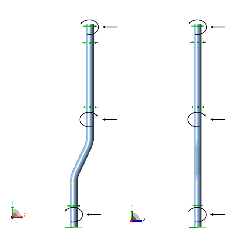 Beam model of the caisson header under load case 2, with nozzle forces and moments shown in two orthogonal planes.