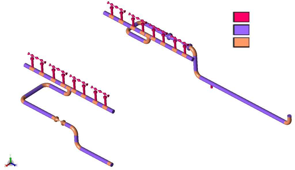 Stress model of one gas air cooler system with pipe segments coloured by material grade: API-5L B, X52 and X60.