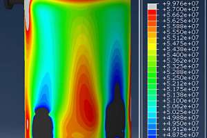 Equivalent stress range values along the cylindrical section of the pressure vessel. The scale color shows how most of the stresses at the vessel far from the support lugs are in between 50-57MPa.